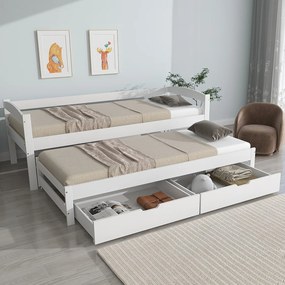 Łóżko rozkładane dla dzieci - 90 x 190/200 cm - z łóżkiem wysuwanym + 2 szuflady - Drewno + MDF - Biały