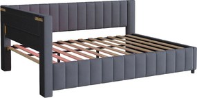 Leżanka 140x200 cm - Ciemnoszary aksamit - Łóżko dla dorosłych z lampkami LED i portem ładowania USB - Bez materaca