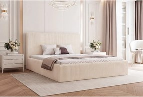 BESILIO Łóżko do sypialni 160x200 Vienna - Łóżko z pojemnikiem, łóżko slim, stelaż listwowy - Tkanina sztuks - Kremowy