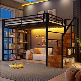 Łóżko piętrowe 140 x 200 cm ze schodkami do przechowywania, otwarte półki pod łóżkiem – Metal i płyta MDF – LED – Czarne (Materac nie jest wliczony w cenę)