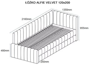 Tapicerowane łóżko ALFIE VELVET z dodatkowym miejscem do spania 120x200 cm szare