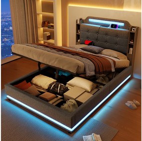 Łóżko tapicerowane ze schowkiem - 140 x 200 cm - z diodami LED + USB + TYPE-C - zagłówek ze schowkiem - len - szary