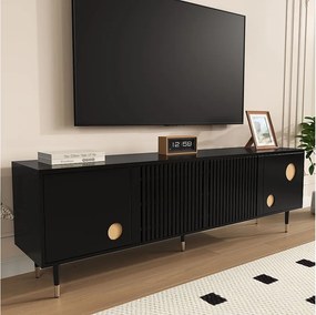 Czarny stojak pod telewizor - szafka pod telewizor z 4 drzwiami z kratownicą - złote akcenty i regulowane nóżki