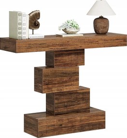 Stolik konsolowy, 108 cm wąski, drewniany stolik za sofą z geometryczną podstawą, stolik do przedpokoju w stylu industrialnym, rustykalny brąz