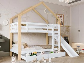 Łóżko piętrowe z zjeżdżalnią i drabinką oraz szufladami - rama z litego drewna - 90x200 cm - Białe