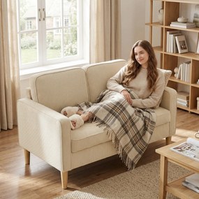 HOMCOM Sofa 2-osobowa z 2 poduszkami dekoracyjnymi, schowek nogi z litego drewna Mała nowoczesna dwuosobowa kanapa sztruks 117 x 63 x 79 cm Beżowy | Aosom PL