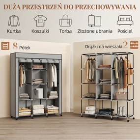 HOMCOM Szafa z tkaniny, rozwiązanie do przechowywania, 8 półek, 2 drążki, szary