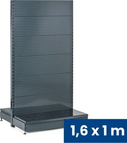 Regał sklepowy obustronny, ścianki perforowane, 1600 x 1000 x 900 mm, podstawowy, antracyt