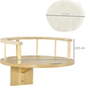 PawHut Ścienne Legowisko dla Kota, z Ochronnym Brzegiem, Poduszką, do Montażu na Ścianie, Dąb + Kremowy, 34 x 34 x 10,5 cm