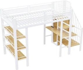 Łóżko piętrowe metalowe dla dzieci - 90 x 200 cm - z diodami LED + gniazdko elektryczne + półka + biurko - metalowe - białe
