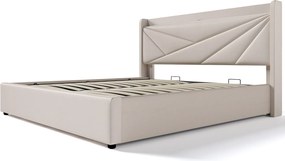 Łóżko ze schowkiem 180 x 200 cm - USB + typ C - tkanina lniana - beż