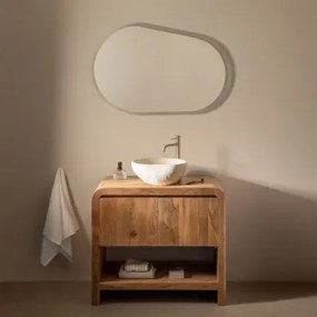 Zestaw Mebli Łazienkowych Z Drewna Vacry Akacja Brąz & Owalna Lampa Led I Przeciwmgielna 100x80 Cm Riben & Szczotkowane Złoto ↑30 Cm Z Zaworem Spustow