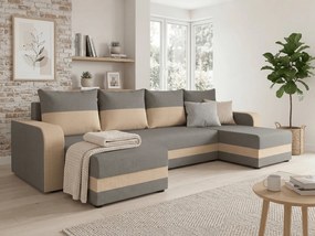 Rozkładana sofa narożna w kształcie U VALERIO 305x140 cm, jasnoszara/beżowa