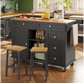 Czarna wyspa kuchenna z 5 szufladami - Wózek kuchenny z 1 drzwiami i 3 otwartymi schowkami - Półka na przyprawy i wieszak na ręczniki