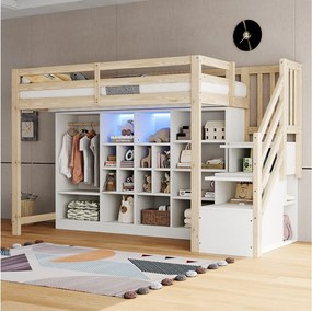 Łóżko piętrowe dla dzieci - 90 x 200 cm - z szafkami wnękowymi + garderoba + oświetlenie LED + drabinka - drewno - kolor biały + naturalny