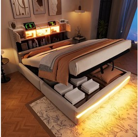 Łóżko tapicerowane z pojemnikiem - 140 x 200 cm - z USB-C + diodami LED - zagłówek ze schowkiem - len + płyta MDF - beż