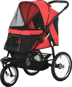 PawHut Wózek dla psów, składany, z daszkiem przeciwsłonecznym, oknami z siatki, koszykiem, czerwony, 111 x 58 x 107 cm | Aosom PL