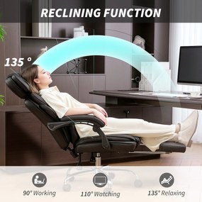 HOMCOM Krzesło biurowe ergonomiczne z regulowaną wysokością, podparciem lędźwiowym, podłokietnikami, podnóżkiem, skórzane, czarne | Aosom PL