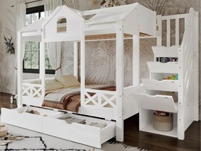 Łóżko piętrowe 90x200cm + 140x200cm - z 2 szufladami - z balustradą i oknami - schody z miejscem do przechowywania - Biały (bez materaca)