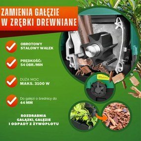 Rozdrabniacz do gałęzi DIOX+2x worek 60l, 3100W czarny/zielony Gardebruk