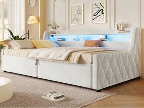 Sofa rozkładana z pojemnikiem 90 × 200 cm - z pojemnikiem i oświetleniem LED - tkanina welurowa + MDF - beżowy (materac nie w zestawie)