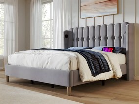 Łóżko 160x200cm tapicerowane lnem - z portami ładowania i stelażem na listwy - Szare