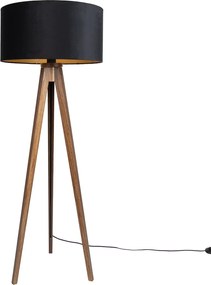 Lampa podłogowa z drewna orzechowego z czarnym kloszem i złotym wnętrzem 50 cm - Tripod Classic
