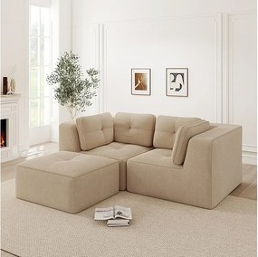 Canapé d'angle modulable, avec pouf et coussins, en velours côtelé, Beige, 208x177x69cm