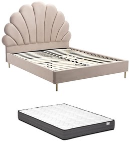 Łóżko muszla 160 x 200 cm - Welur - Beżowy + Materac - LIVAYA