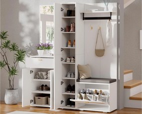 Zestaw szafy na ubrania 150x36x180cm - z 4 drzwiami i 1 szufladą - z lustrem i szafą na buty - z haczykiem - Biały