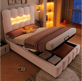 Łóżko z pojemnikiem 90x200 cm z oświetleniem LED i regulowanym zagłówkiem, welur różowy - bez materaca