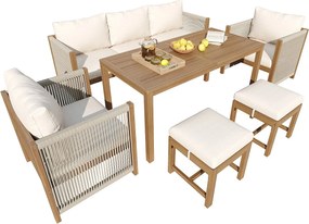 Zestaw jadalniany ogrodowy na 7 osób, kanapa, 2 sofy jednoosobowe, 2 taborety, stół jadalniany, blat z akacji, stal ocynkowana, Beżowy