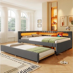 Łóżko tapicerowane wysuwane - 140 x 200 cm + 90 x 190 cm - z diodami LED + USB + Typ C - materac nie jest wliczony w cenę - pościel + płyta MDF - szare