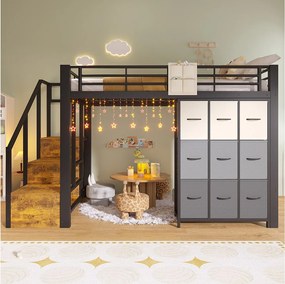 Łóżko piętrowe metalowe - 140 x 200 cm - z komodą 9-szufladową + szafą + schodami z miejscem do przechowywania - czarne