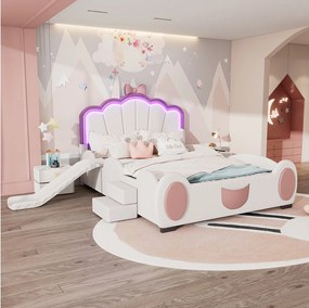 Łóżko dziecięce 140x200 cm - z oświetleniem LED, zjeżdżalnią i drabinką - poliuretan - różowo-biały - materac nie jest wliczony w cenę
