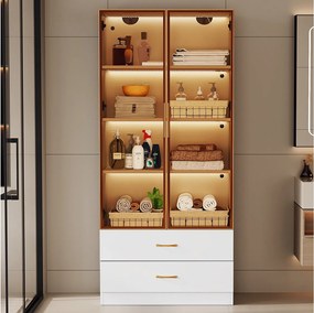 Witryna, kredens wysoki z 2 szufladami i 2 szklanymi drzwiami - 75 X 34,5 X 170 cm - drewno MDF - brązowy