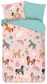 Różowo-turkusowa bawełniana pościel dziecięca jednoosobowa 140x220 cm Horses – Good Morning