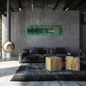 Obraz - drzewa iglaste nad jeziorem (170x50 cm)