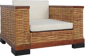 Fotel z naturalnego brązowego rattanu z kremowymi zdejmowanymi poduszkami, rama z drewna mango, styl współczesny, do wnętrz