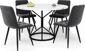 Zestaw okrągły stół jadalny + 4 krzesła welurowe - D 100 x W 76 cm - MDF i metal - Biały + szary