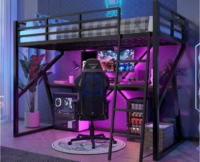 Łóżko antresolowe 90x200 cm - konstrukcja stalowa - z oświetleniem LED - z rampą + drabinką - z biurkiem - czarne