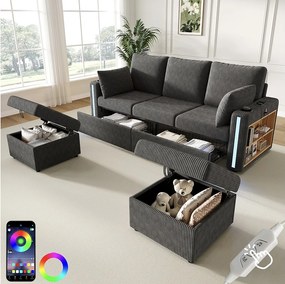 Modułowa sofa narożna 5-6-osobowa z 2 pufami ze schowkiem, aplikacją LED, USB/Type-C, 2 szufladami - sztruks - 190 x 130 x 85 cm - szary