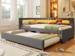 Kanapa rozkładana 90x200 cm - z oświetleniem LED - z łóżkiem wysuwanym - z portami USB + TYPE-C - len - szary (materac nie jest w zestawie)