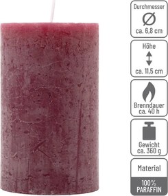 Zestaw świec rustykalnych, 11,5 cm, Ø 6,8 cm, bordowy, 6 szt