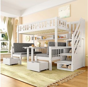 Łóżko piętrowe dla dzieci - 90 x 200 cm - łóżko 2 w 1 i biurko + drabinka ze schowkiem + ogrodzenie - drewno - białe