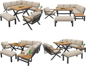 Salon ogrodowy, zestaw mebli na 6-7 osób - kanapa narożna - z żelaza ocynkowanego - stoły jadalniane z tworzywa drewnopodobnego - fotele - ławka, Beżowy