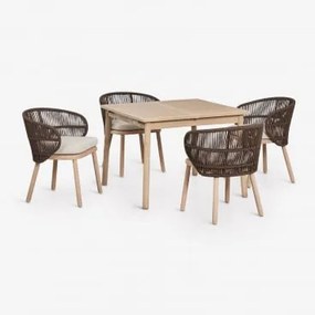 Zestaw Stołu Rozkładanego 100-160x100 Cm Karvia I 4 Krzesła Ogrodowe Z Drewna Akacjowego I Plecionej Liny Capri Chocolate - Sklum