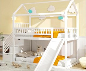 Łóżko piętrowe dla dzieci 90x200 cm - ze zjeżdżalnią i drabinką do przechowywania - lite drewno - z podstawą z listew - Białe