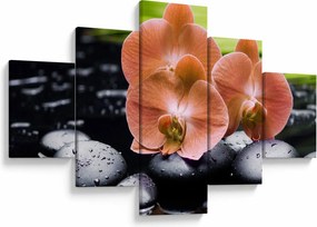 Obraz - Pomarańczowa orchidea z liśćmi palmy (125x70 cm)