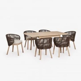 Zestaw Stołu Rozkładanego 100-160x100 Cm Karvia Oraz 6 Krzeseł Ogrodowych Z Drewna Akacjowego I Plecionej Liny Capri Chocolate - Sklum